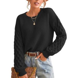 imageCUPSHE Womens Sweater Long Sleeve Crewneck Sweaters Cable Knit Jumper TopsBlack