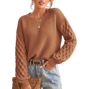 imageCUPSHE Womens Sweater Long Sleeve Crewneck Sweaters Cable Knit Jumper TopsBrown