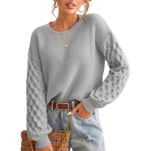 imageCUPSHE Womens Sweater Long Sleeve Crewneck Sweaters Cable Knit Jumper TopsGray