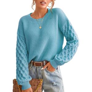 imageCUPSHE Womens Sweater Long Sleeve Crewneck Sweaters Cable Knit Jumper TopsOcean Blue
