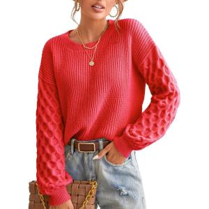 imageCUPSHE Womens Sweater Long Sleeve Crewneck Sweaters Cable Knit Jumper TopsRed