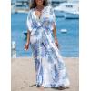 imageCUPSHE Kimono Swimsuit Coverup for Women Open Front Striped Maxi Cardigan Beach Cover UpBlue Leaf