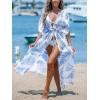imageCUPSHE Kimono Swimsuit Coverup for Women Open Front Striped Maxi Cardigan Beach Cover UpBlue Leaf