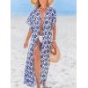 imageCUPSHE Kimono Swimsuit Coverup for Women Open Front Striped Maxi Cardigan Beach Cover UpBlue Patterned