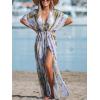 imageCUPSHE Kimono Swimsuit Coverup for Women Open Front Striped Maxi Cardigan Beach Cover UpPurple Leaf