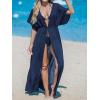 imageCUPSHE Kimono Swimsuit Coverup for Women Open Front Striped Maxi Cardigan Beach Cover UpSolid Navy Blue