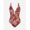 imageCUPSHE Womens One Piece Swimsuit Deep V Neck Keyhole Cutout O Ring Textured Bathing SuitBrownTropical