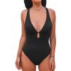 imageCUPSHE Womens One Piece Swimsuit Deep V Neck Keyhole Cutout O Ring Textured Bathing SuitBlack