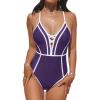 imageCUPSHE Womens One Piece Swimsuit Plunging V Neck Bathing Suit Crisscross Back Tie Slimming Sculpting Color BlockBlackberry