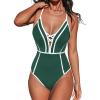 imageCUPSHE Womens One Piece Swimsuit Plunging V Neck Bathing Suit Crisscross Back Tie Slimming Sculpting Color BlockGreenWhite