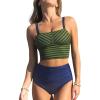 imageCUPSHE Womens Tankini Sets Square Neck Elastic High Waisted Two Piece Bathing Suits Adjustable Straps SwimwearOlive GreenNavy Striped