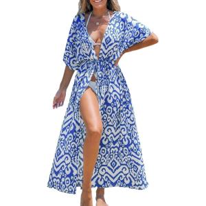 imageCUPSHE Kimono Swimsuit Coverup for Women Open Front Striped Maxi Cardigan Beach Cover UpBlue Floral
