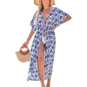 imageCUPSHE Kimono Swimsuit Coverup for Women Open Front Striped Maxi Cardigan Beach Cover UpBlue Patterned