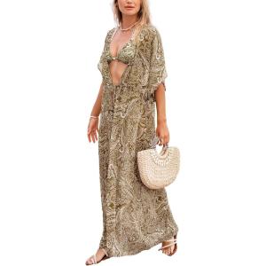 imageCUPSHE Kimono Swimsuit Coverup for Women Open Front Striped Maxi Cardigan Beach Cover UpGrass Green Patterned