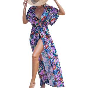 imageCUPSHE Kimono Swimsuit Coverup for Women Open Front Striped Maxi Cardigan Beach Cover UpHot Pink Floral