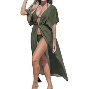 imageCUPSHE Kimono Swimsuit Coverup for Women Open Front Striped Maxi Cardigan Beach Cover UpSolid Olive Green