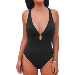 imageCUPSHE Womens One Piece Swimsuit Deep V Neck Keyhole Cutout O Ring Textured Bathing SuitBlack