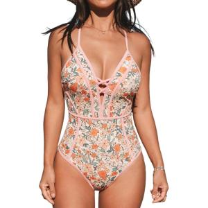 imageCUPSHE Womens One Piece Swimsuit Plunging V Neck Bathing Suit Crisscross Back Tie Slimming Sculpting Color BlockBeigeDitsy Floral