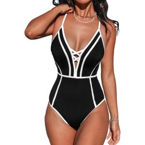 imageCUPSHE Womens One Piece Swimsuit Plunging V Neck Bathing Suit Crisscross Back Tie Slimming Sculpting Color BlockBlackWhite