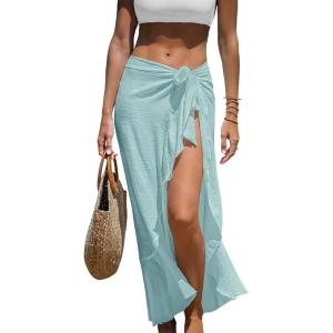 imageCUPSHE Womens Sarong Cover Ups Swimsuit Wrap Skirt Self Tie Beach Cover Up Ruffle Wraps One SizeLight Cyan