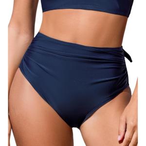 imageCUPSHE Womens Swimsuit Bikini Bottom High Waisted Bathing Suit Ruched Full CoverageNavy Blue