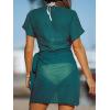 imageCUPSHE Women Bathing Suit Cover Up Sheer V Neck Short Sleeve Wrap Cover Ups for SwimwearCyan