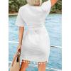 imageCUPSHE Women Bathing Suit Cover Up Sheer V Neck Short Sleeve Wrap Cover Ups for SwimwearTasselwhite