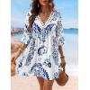 imageCUPSHE Women V Neck Lace Trim Mini Summer Dress Cover Up 34 Sleeve Ruffled Cuff Casual Sundress Beach Dresses Cover UpsBlue