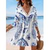 imageCUPSHE Women V Neck Lace Trim Mini Summer Dress Cover Up 34 Sleeve Ruffled Cuff Casual Sundress Beach Dresses Cover UpsBlue