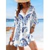 imageCUPSHE Women V Neck Lace Trim Mini Summer Dress Cover Up 34 Sleeve Ruffled Cuff Casual Sundress Beach Dresses Cover UpsBlue