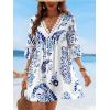imageCUPSHE Women V Neck Lace Trim Mini Summer Dress Cover Up 34 Sleeve Ruffled Cuff Casual Sundress Beach Dresses Cover UpsBlue