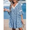 imageCUPSHE Women V Neck Lace Trim Mini Summer Dress Cover Up 34 Sleeve Ruffled Cuff Casual Sundress Beach Dresses Cover UpsBlue Paisley