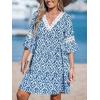 imageCUPSHE Women V Neck Lace Trim Mini Summer Dress Cover Up 34 Sleeve Ruffled Cuff Casual Sundress Beach Dresses Cover UpsBlue Paisley