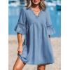 imageCUPSHE Women V Neck Lace Trim Mini Summer Dress Cover Up 34 Sleeve Ruffled Cuff Casual Sundress Beach Dresses Cover UpsSolid Blue