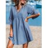 imageCUPSHE Women V Neck Lace Trim Mini Summer Dress Cover Up 34 Sleeve Ruffled Cuff Casual Sundress Beach Dresses Cover UpsSolid Blue