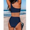 imageCUPSHE Womens Bikini Sets One Shoulder Two Piece Swimsuit High Waisted Asymmetrical Neck Ruched Cutout MeshNavy Blue