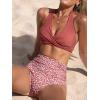 imageCUPSHE Womens Bikini Sets Two Piece Bathing Suit High Waisted V Neck Halter Front Twist Back Hook TexturedBrick RedFloral