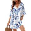 imageCUPSHE Women V Neck Lace Trim Mini Summer Dress Cover Up 34 Sleeve Ruffled Cuff Casual Sundress Beach Dresses Cover UpsBlue