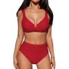 imageCUPSHE Womens Bikini Sets High Waisted Swimsuit Underwire Adjustable Straps Ruched Full Coverage BottomSolid Red
