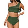 imageCUPSHE Womens Bikini Sets One Shoulder Two Piece Swimsuit High Waisted Asymmetrical Neck Ruched Cutout MeshMoss Green