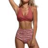 imageCUPSHE Womens Bikini Sets Two Piece Bathing Suit High Waisted V Neck Halter Front Twist Back Hook TexturedBrick RedFloral
