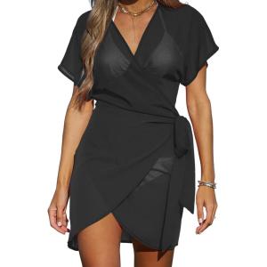 imageCUPSHE Women Bathing Suit Cover Up Sheer V Neck Short Sleeve Wrap Cover Ups for SwimwearBlack