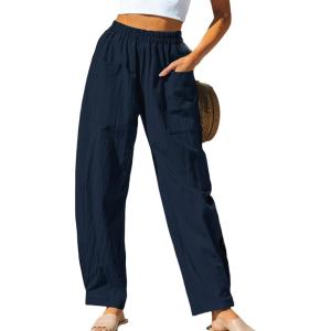 imageCUPSHE Women Pants Patch Pocket Tapered Leg Elastic Waist Long Pant Casual BeachDark Blue
