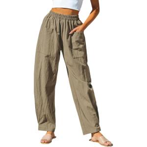 imageCUPSHE Women Pants Patch Pocket Tapered Leg Elastic Waist Long Pant Casual BeachKhaki