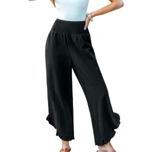 imageCUPSHE Women Pants Smocked Waist Straight Leg Ruffle Cuffs Loose Fit Pant Casual BeachBlack