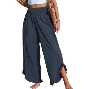 imageCUPSHE Women Pants Smocked Waist Straight Leg Ruffle Cuffs Loose Fit Pant Casual BeachDark Blue