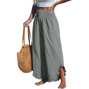imageCUPSHE Women Pants Smocked Waist Straight Leg Ruffle Cuffs Loose Fit Pant Casual BeachGrey