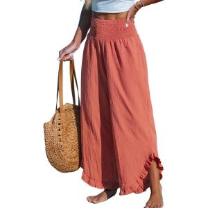 imageCUPSHE Women Pants Smocked Waist Straight Leg Ruffle Cuffs Loose Fit Pant Casual BeachRed