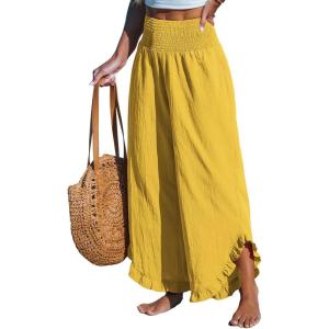 imageCUPSHE Women Pants Smocked Waist Straight Leg Ruffle Cuffs Loose Fit Pant Casual BeachYellow