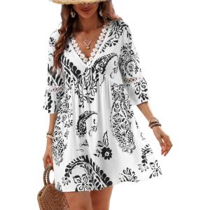 imageCUPSHE Women V Neck Lace Trim Mini Summer Dress Cover Up 34 Sleeve Ruffled Cuff Casual Sundress Beach Dresses Cover UpsBlack